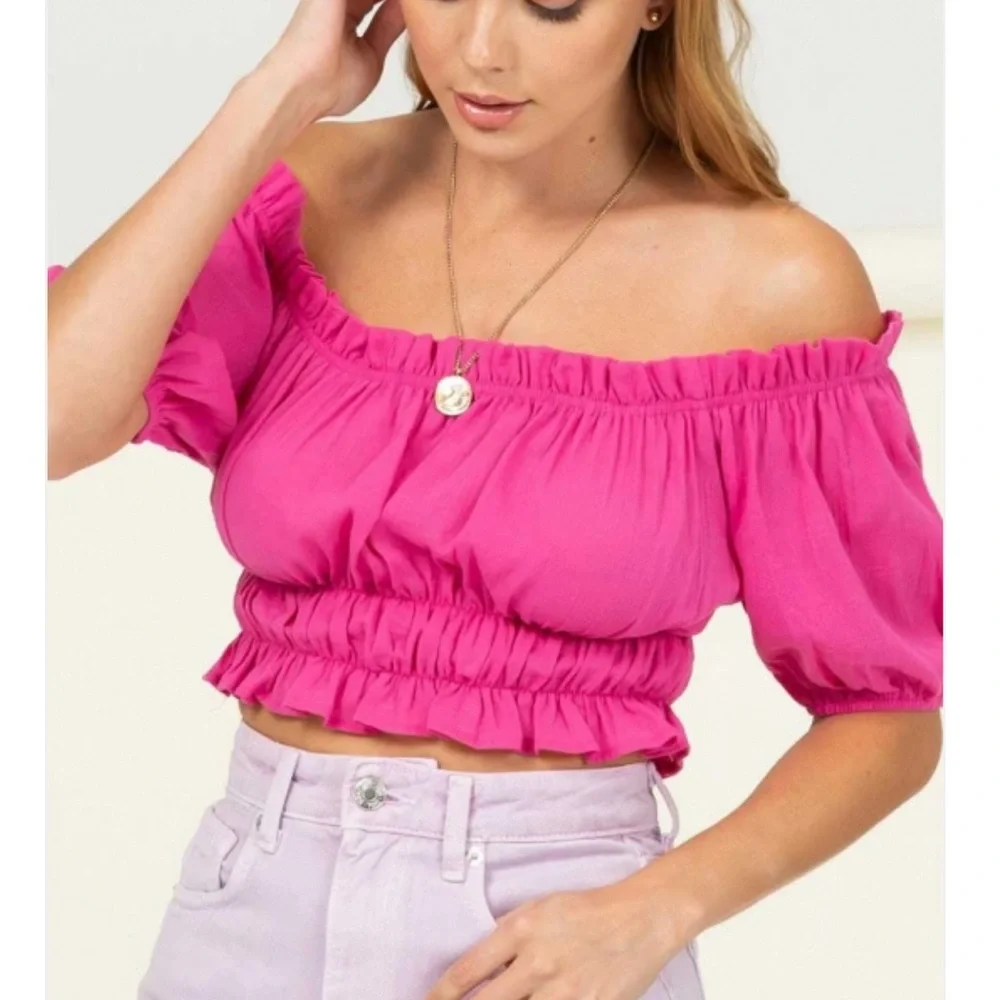 Love At First Sight Off-Shoulder Top Fuchsia - Picture 1 of 3
